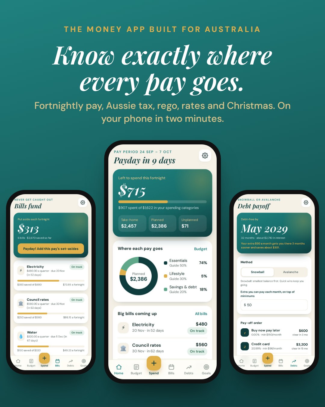 Planaroo app on three phones: home screen, bills fund and debt payoff