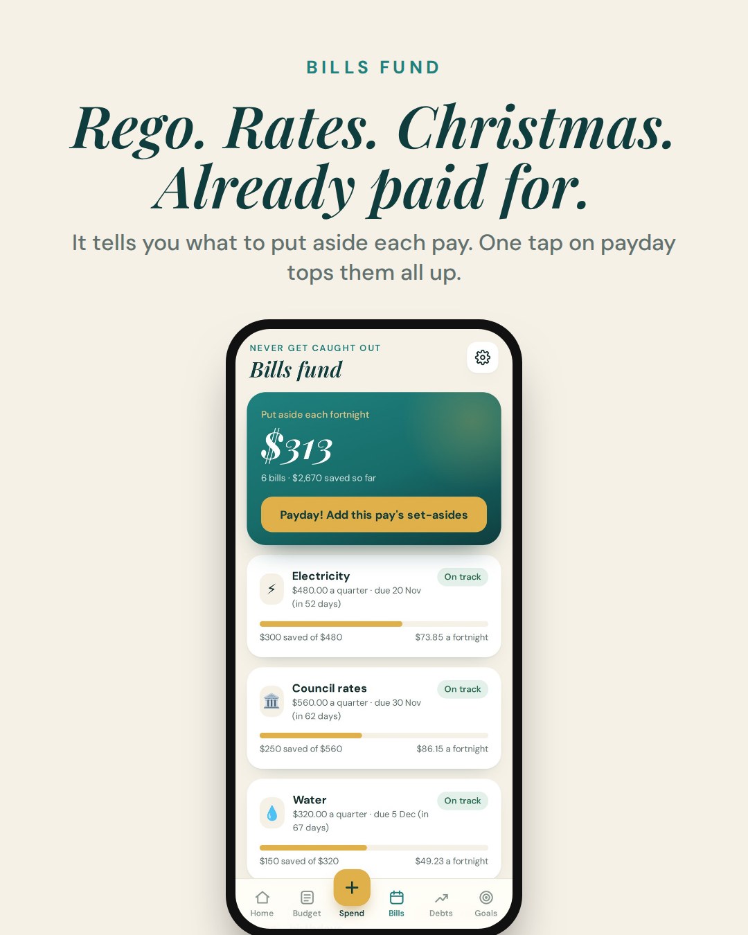 Bills fund screen: what to put aside each pay for rego, rates and Christmas
