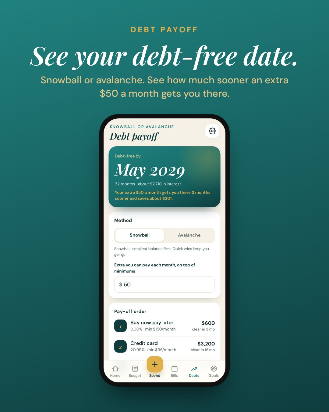 Debt payoff screen: your debt-free date with snowball or avalanche