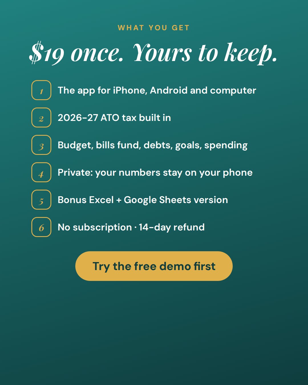 What you get: the app, 2026-27 ATO tax, bonus spreadsheet, no subscription
